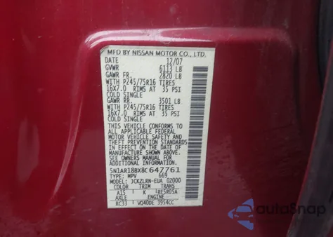 2008 Nissan Pathfinder S z USA, uszkodzony, nr VIN 5N1AR18BX8C647761